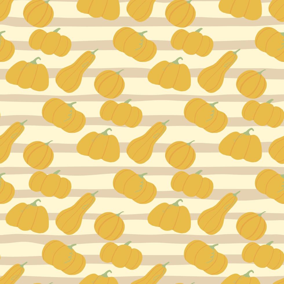 Simple food seamless pattern with orange pumpkins. Light purple background with strips. vector