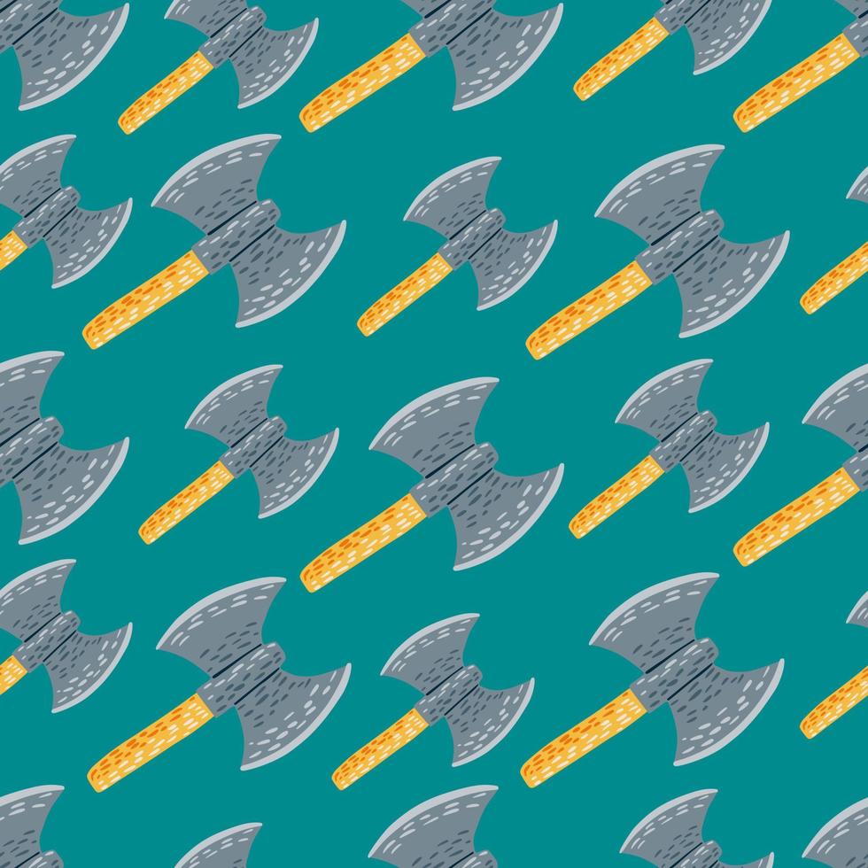 Grey and orange colored viking hatchets seamless pattern. Norway stylized ancient armor print with turquoise background. vector