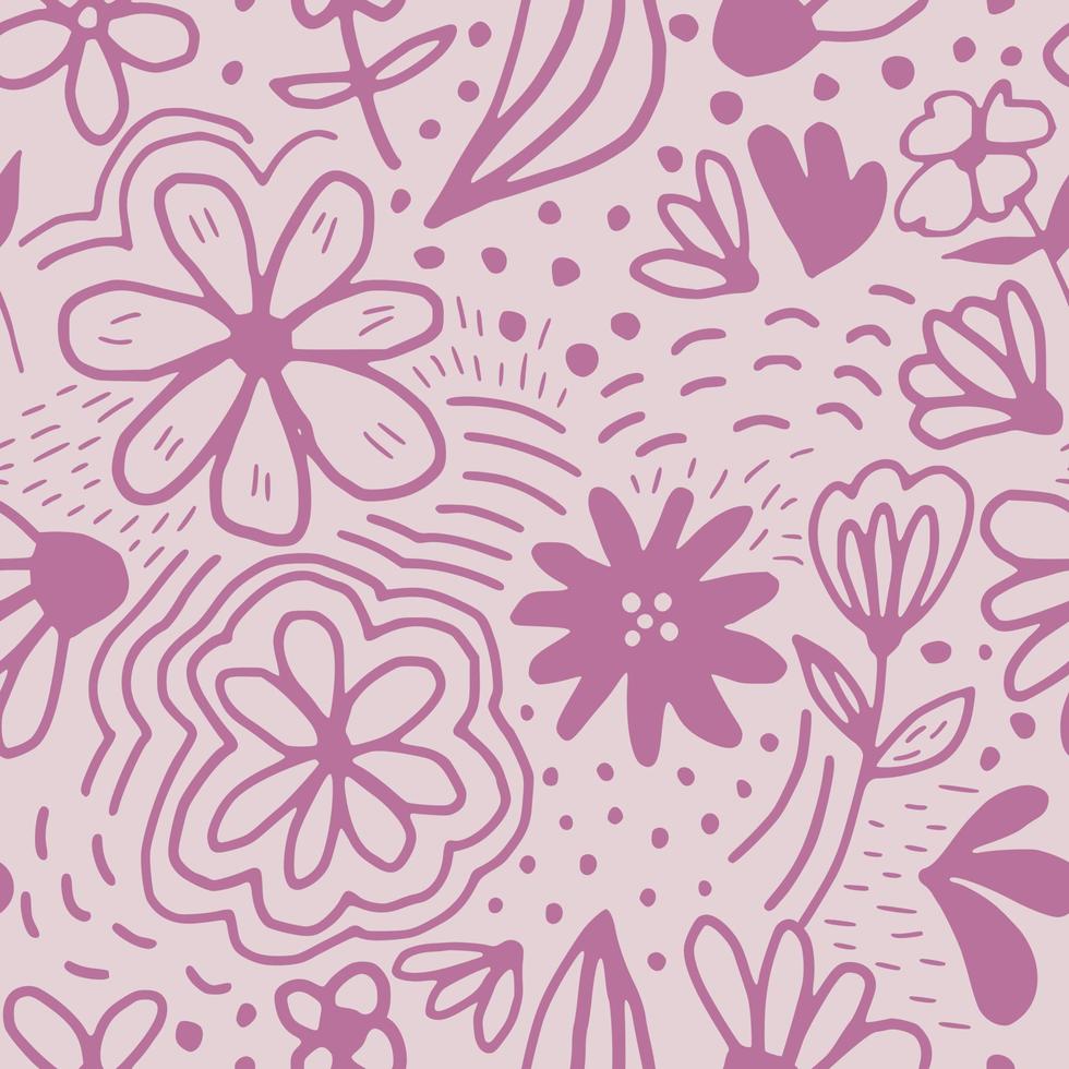 Doodle pink outline flower seamless pattern. Ditsy floral background. Naive art. Funny floral endless wallpaper. vector