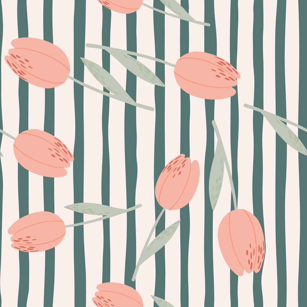 Random stylized tulip ornament seamless pattern. Pale pink flowers on stripped background. vector