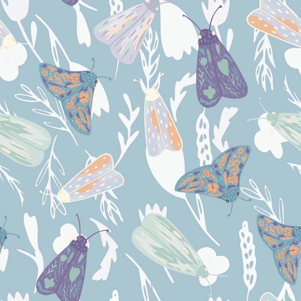 Nature seamless random pattern with pastel colored moles. Blue background with white botanic elements. vector
