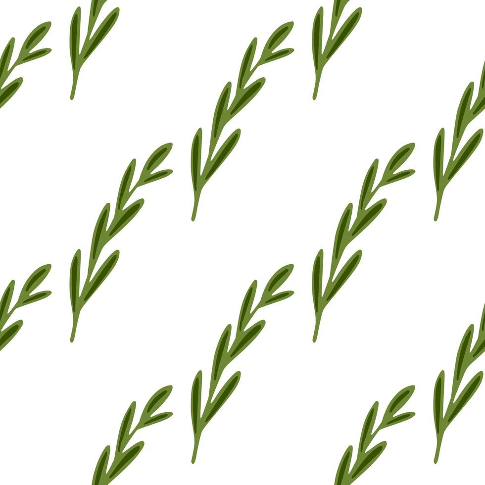 Isolated seamless botanic pattern with simple herbal twigs shapes. Green ornament. White background. vector