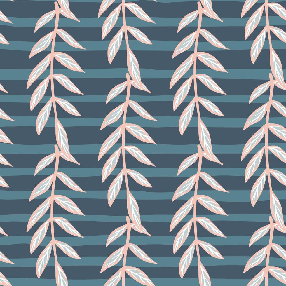 Scrapbook seamless pattern with light leaves branches doodle ornament. Navy blue striped background. vector