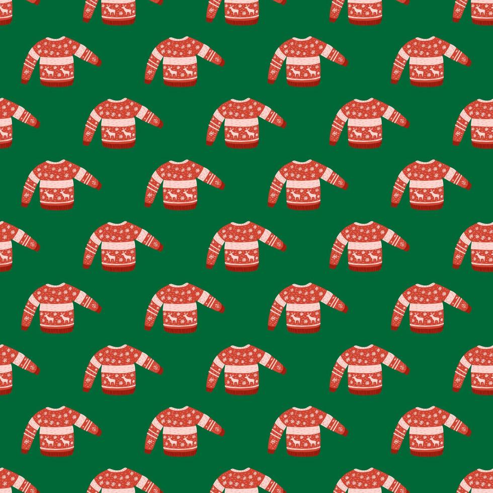 Bright seamless christmas pattern with warm sweater ornament. Red cozy clothes on green background. vector