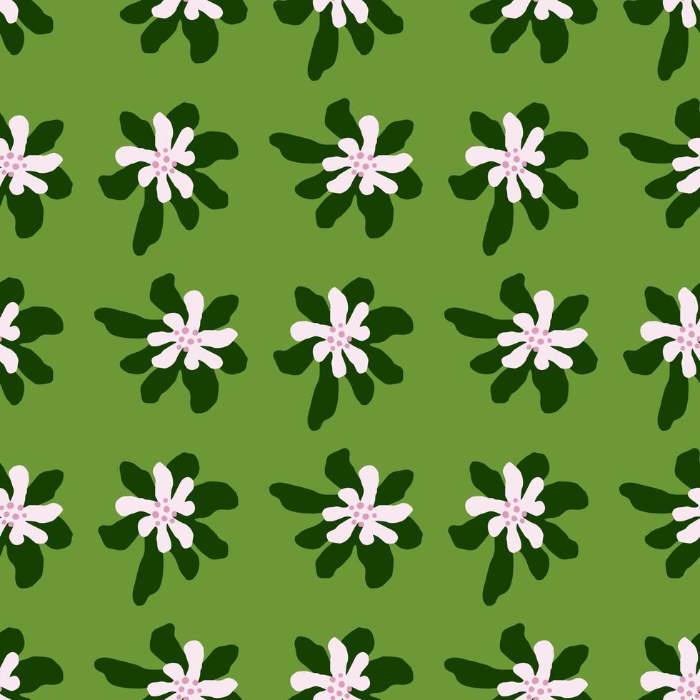 Nature flora seamless pattern with simple white daisy silhouettes on green background. vector