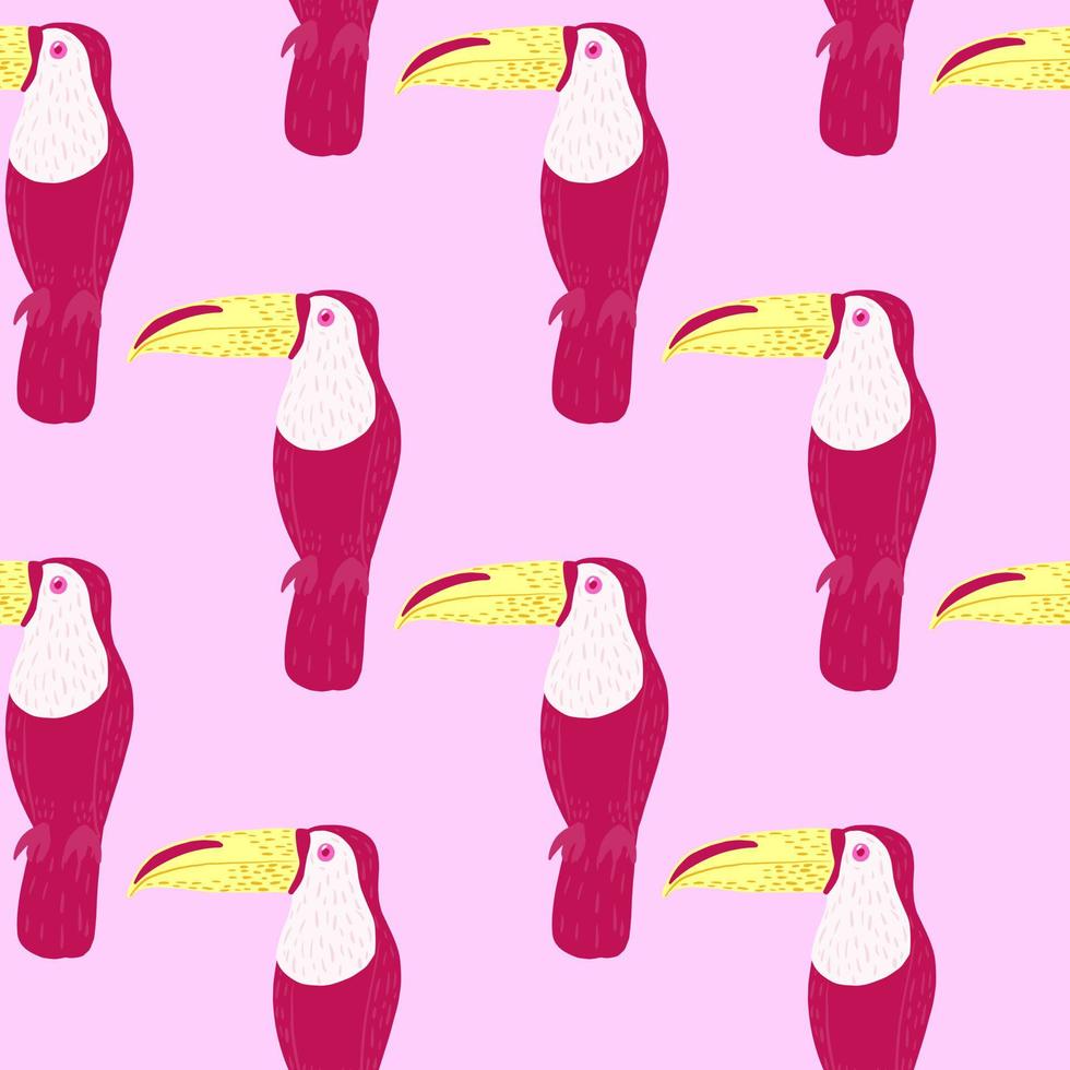 Ornithology seamless pattern with bright pink toucan bird ornament. Light background. Nature wildlife print. vector