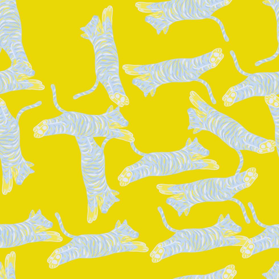 Bright seamless pattern with blue random tiger silhouettes. Yellow background. Safari animals artwork. vector