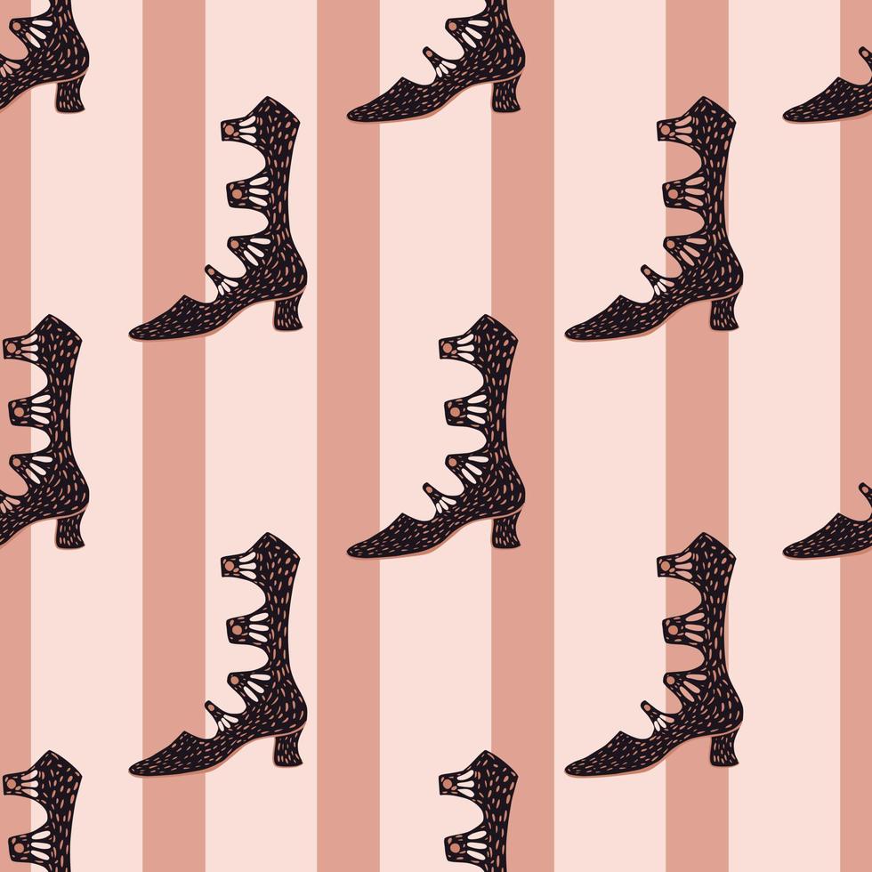 Seamless elegance women accessories doodle pattern with simple black boots silhouettes. Striped background. vector