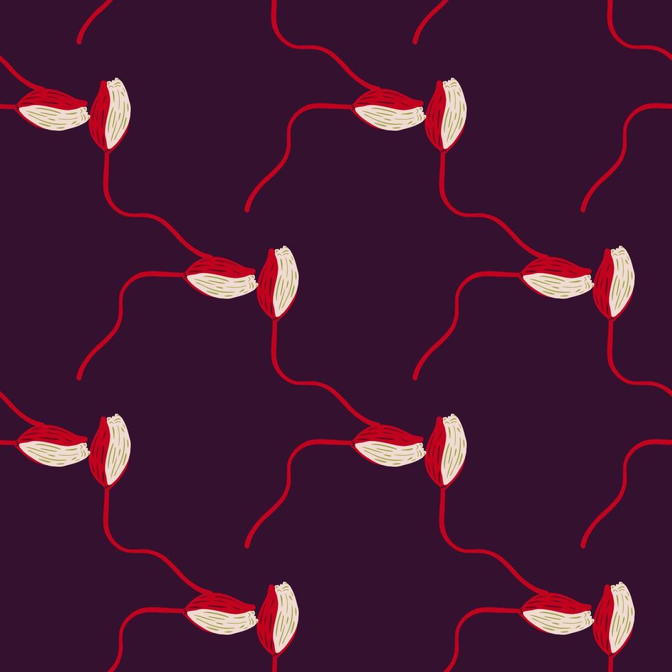 Hand drawn abstract seamless pattern with bright red poppy bud flowers shapes. Purple background. vector