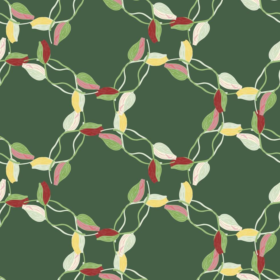 Geometric style seamless pattern with abstract poppy bud flowers shapes. Green background. Nature backdrop. vector