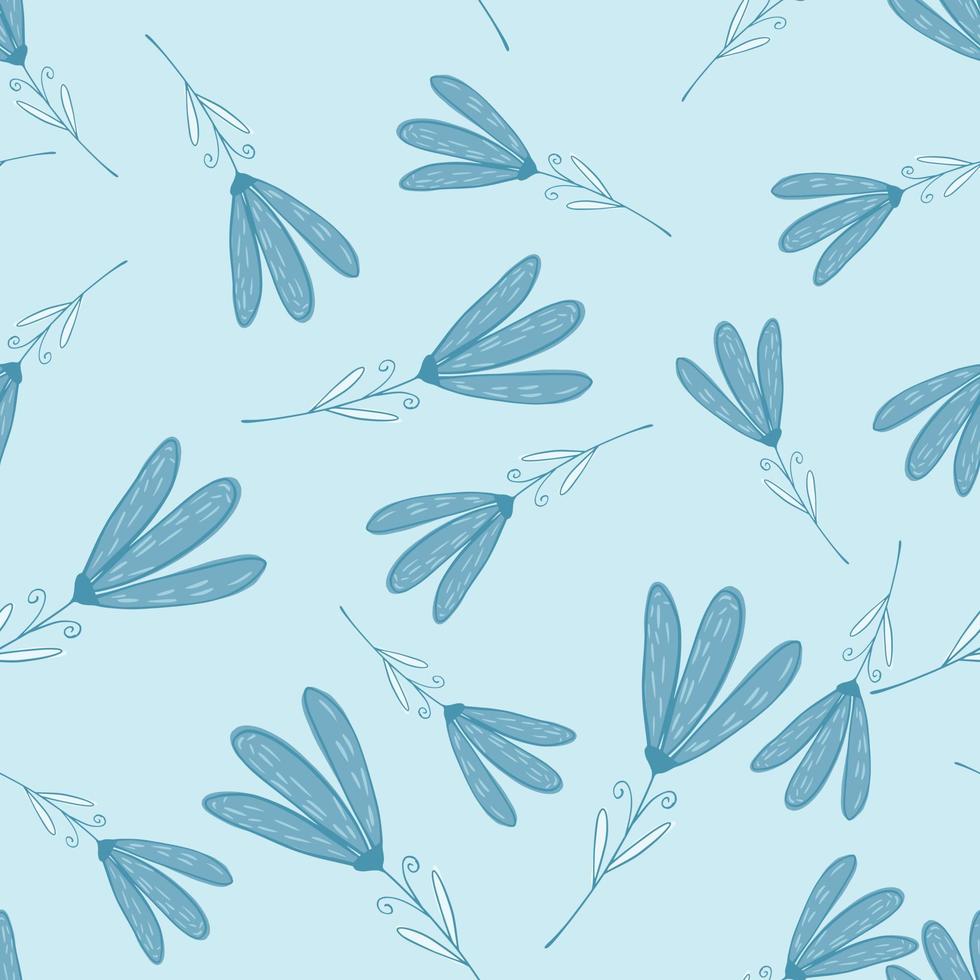 Random seamless pattern with blue simple flower silhouettes. Pastel background. vector