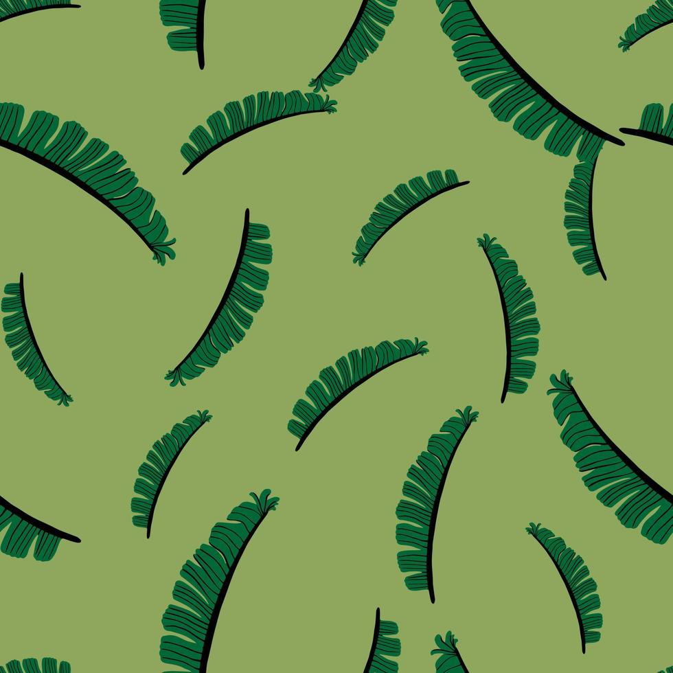 Random botanic exotic seamless pattern with hand drawn fern leaf shapes. Light green background. vector