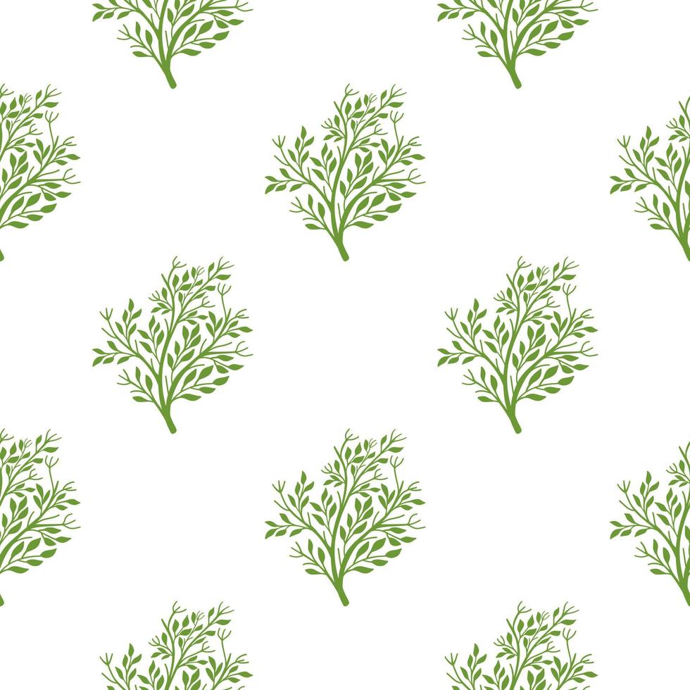 Isolated seamless pattern with green tree silhouettes ornament. White background. Floral shapes. vector