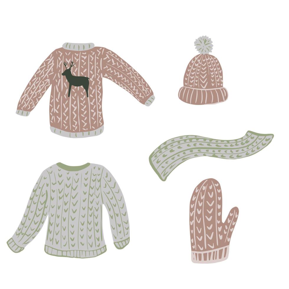 Composition ugly sweater on white background. Scandinavian kit season clothing from sweater, mitten, cap, scarf and foliage sketch hand drawn in style doodle. vector