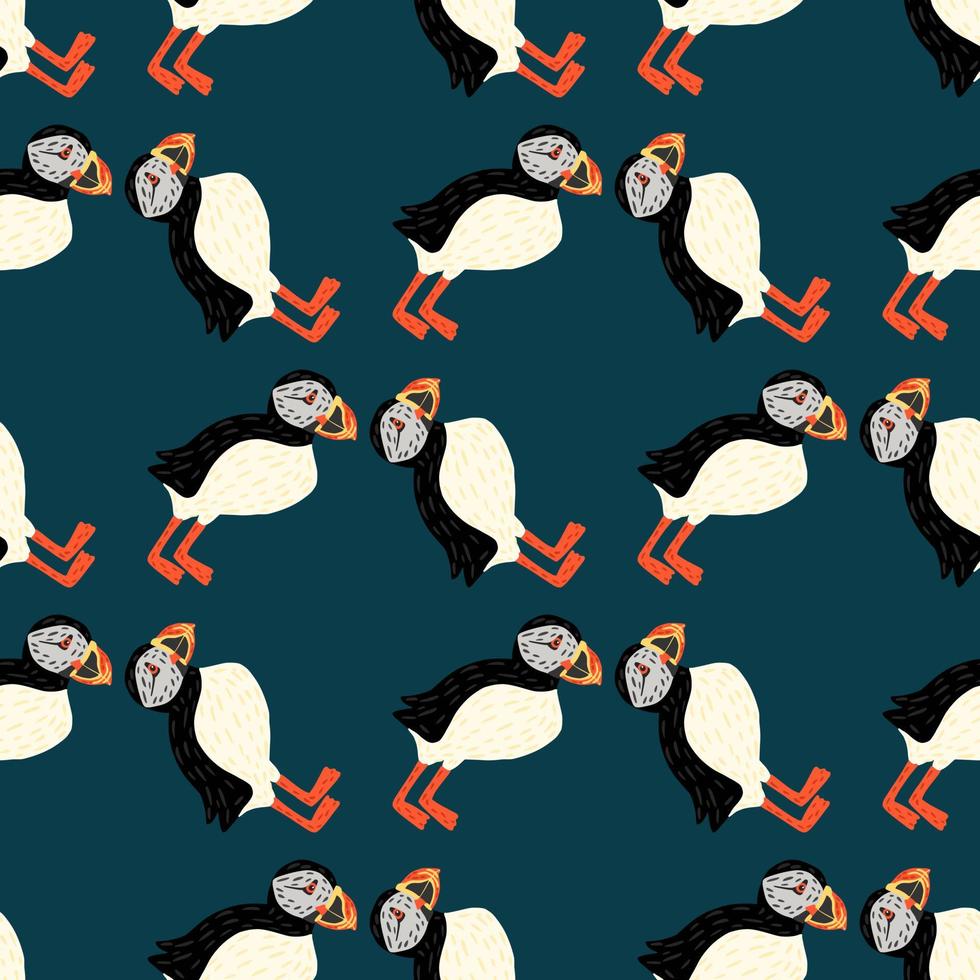 Decorative nature wild seamless pattern with black and white colored puffin bird shapes. Blue background. vector