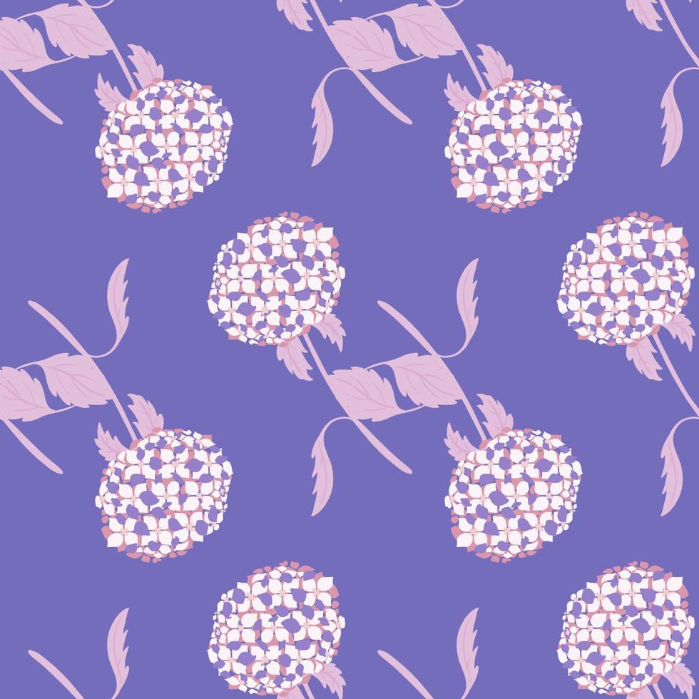 Decorative botany seamless pattern with bloom hydrangea flower ornament. Purple bright background. vector
