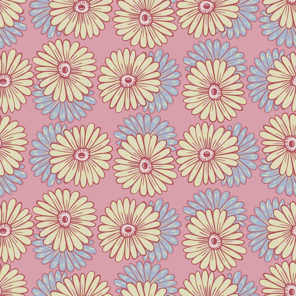 Hand drawn seamless pattern with contoured sunflowers shapes. Pastel pink background. Cute floral print. vector