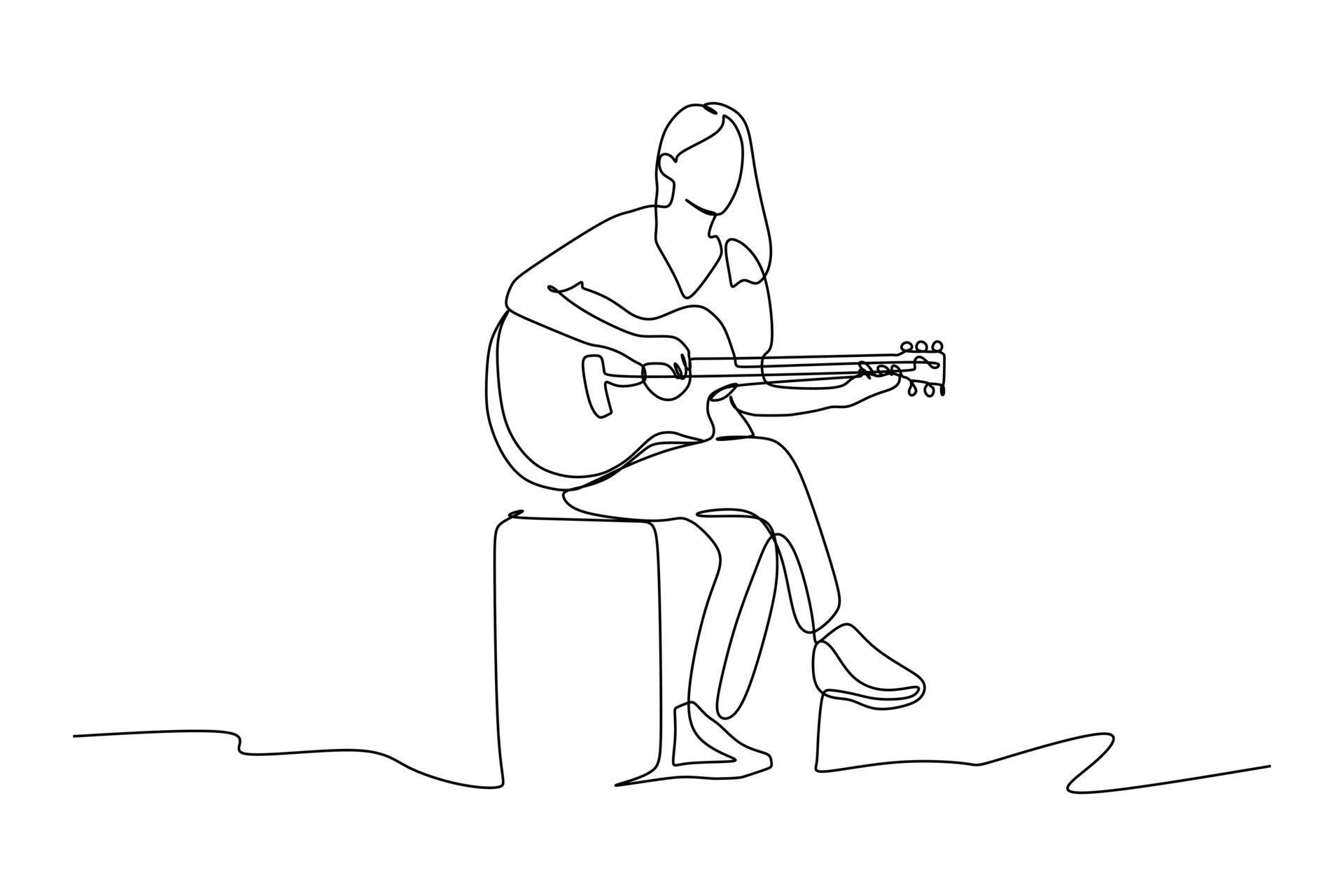 continuous line drawing of female sitting guitarist playing guitar 