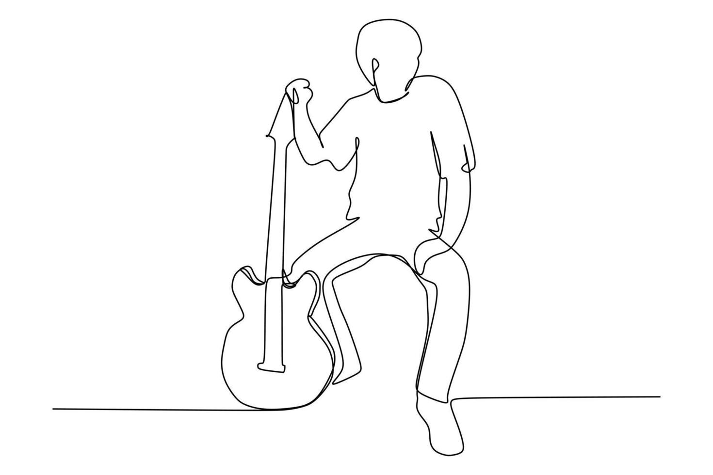 Continuous line drawing of a male sitting guitarist whit his electric guitar. Dynamic musician artist performance concept single line graphic draw design vector illustration