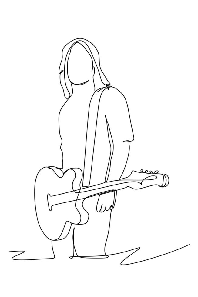 dibujo de línea continua de un rockero guitarrista masculino toca su  guitarra eléctrica. Ilustración de vector