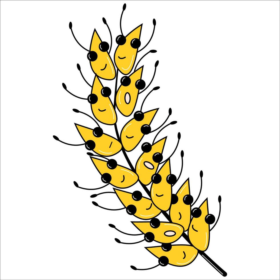 Yellow spikelets with with eyes, mouths and hands in hand drawn cartoon style on a white background. EPS 10. vector