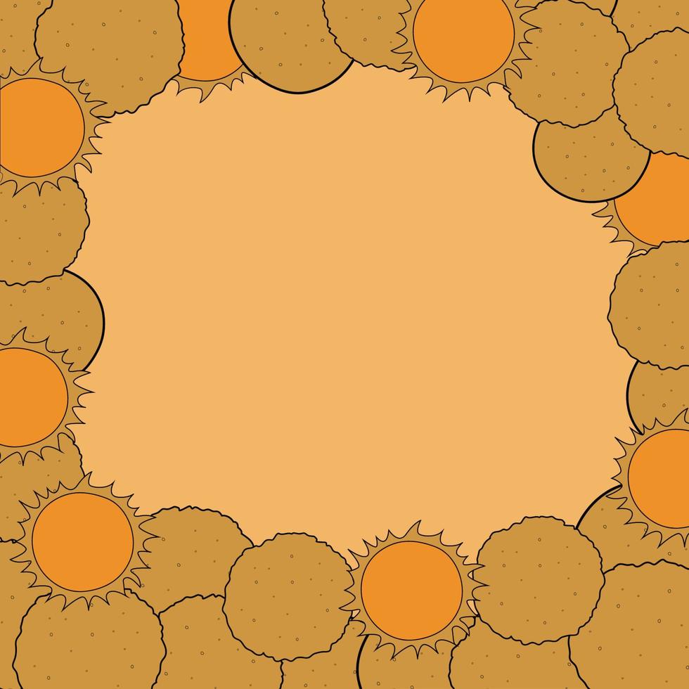 Background for Shrovetide with with pancakes and suns in hand drawn style. Yellow frame. EPS 10. vector