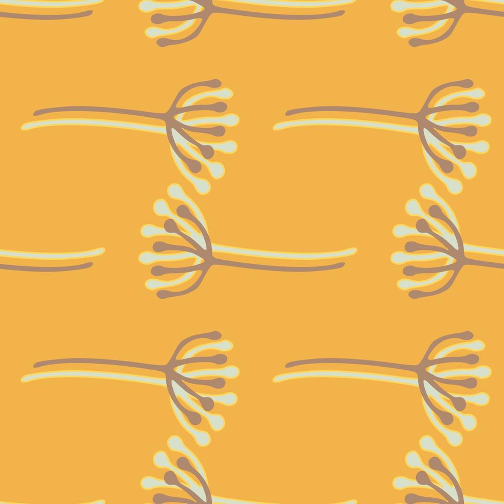 Summer seamless botanic pattern with dandelion flowers. Floral elements in blue and white contours, orange background. vector