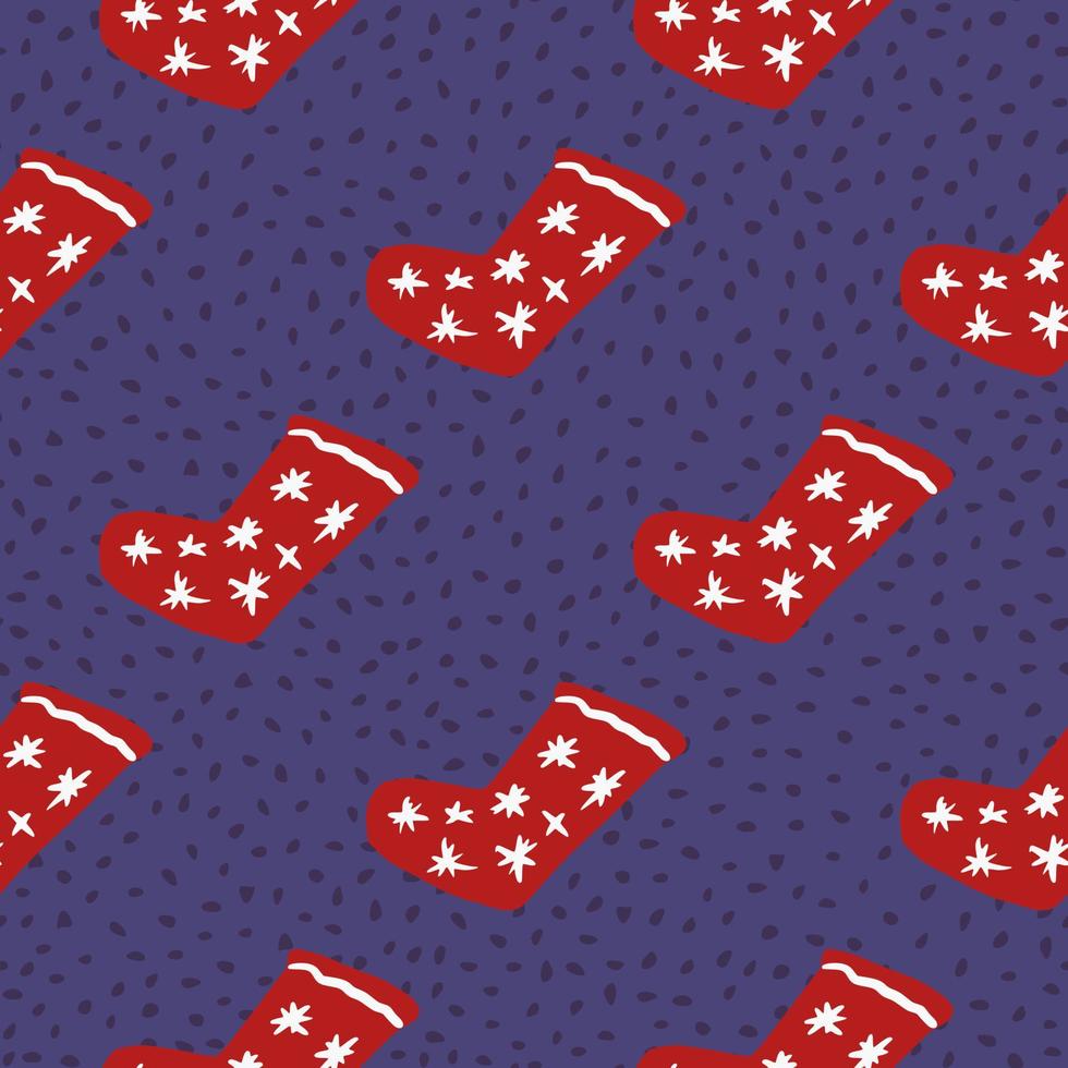 Contrast seamless pattern with doodle christmas socks. Xmas red ornament with stars on purple dotted background. vector