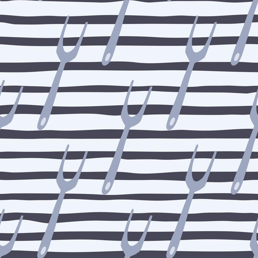 Blue seamless pattern with grill forks silhouettes. Stripped background with white lines. Kitchen backdrop. vector