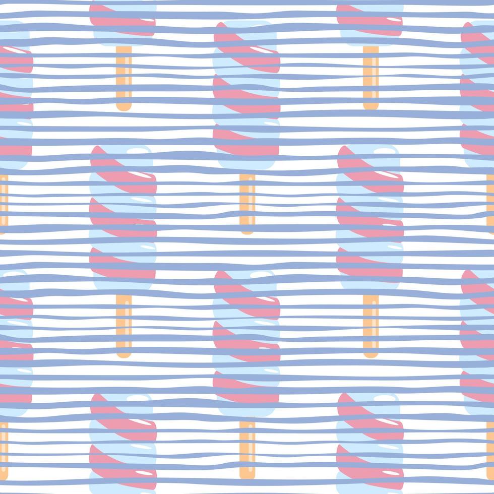 Seamless food pattern with twister ice cream. White background with blue strips. Simple backdrop. vector