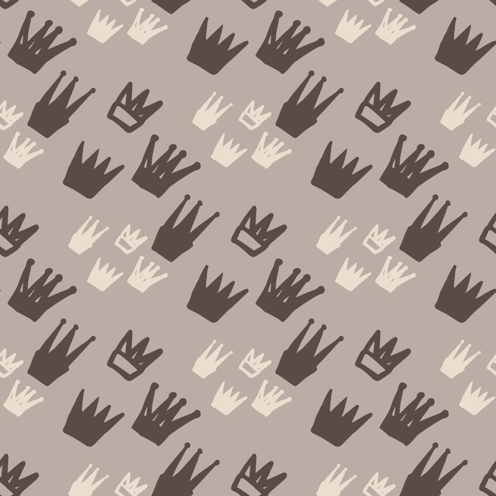 Brown and white crown silhouettes seamless pattern. Hand drawn print with grey background. vector