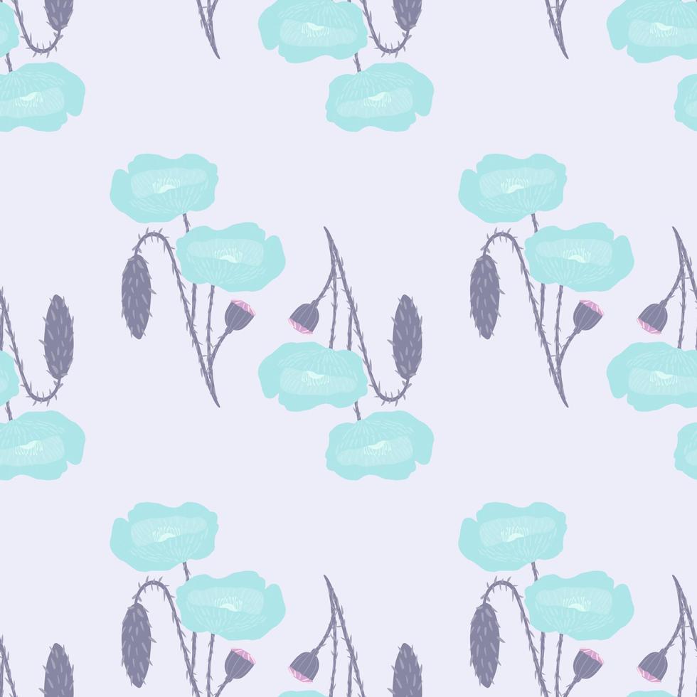 Pastel seamless poppy flower pattern. Botanic blue ornament on light grey background. Simple floral backdrop. vector