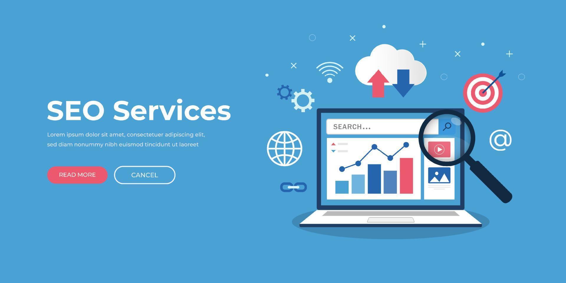 concepto de servicios de optimización seo. estrategia de optimización de motores de búsqueda. análisis de datos desarrollo y producción de contenidos. vector