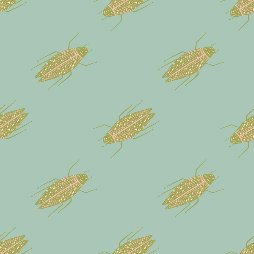 Pale seamless pattern with stylized beige bugs silhouettes. Blue background. Cockroach ornament pastel artwork. vector