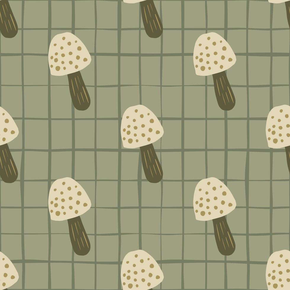 Pale mushrooms seamless doodle pattern. Beige background with check. Simple forest backdrop. vector