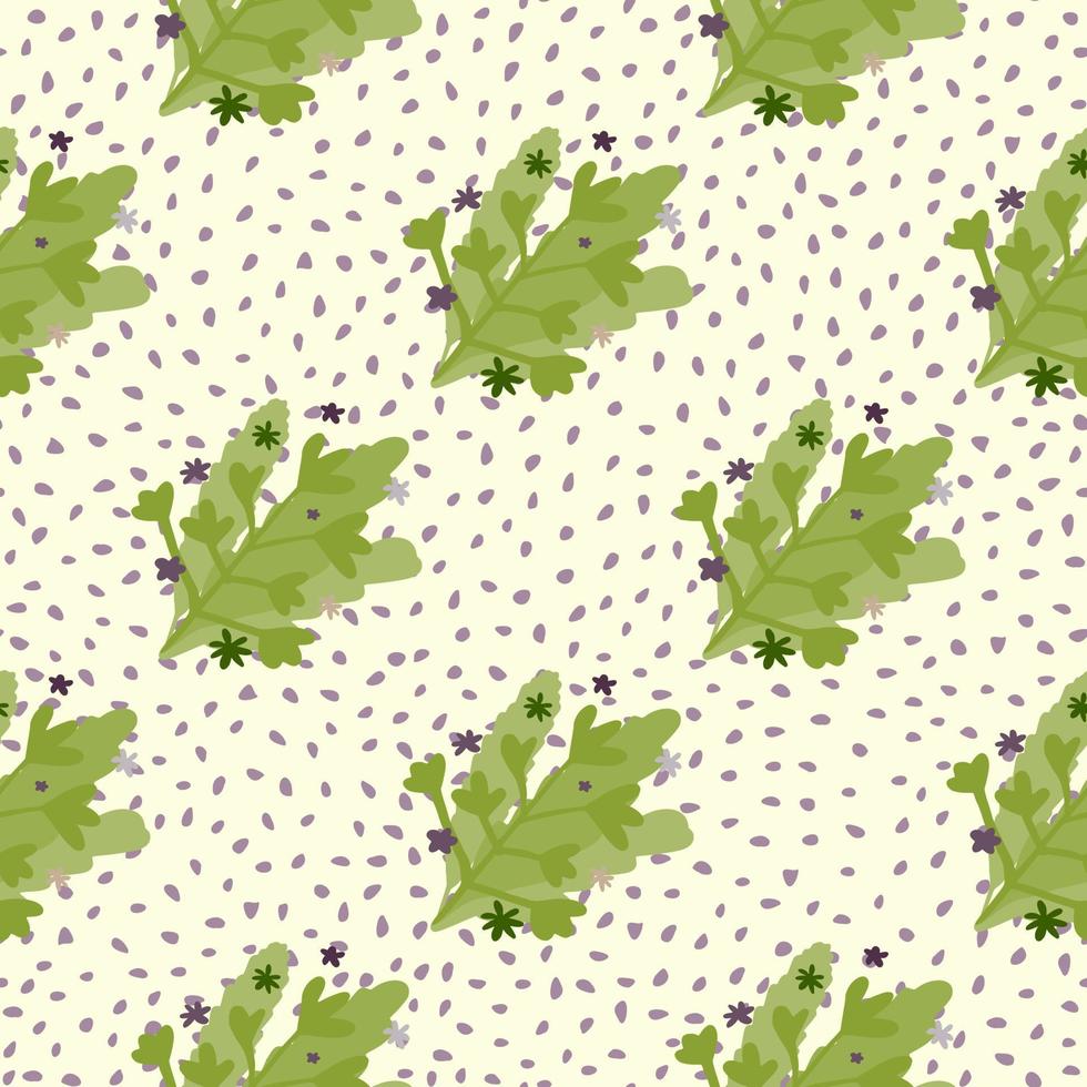 Creative seamless doodle pattern with green abstract foliage bouquet. White background with dots. vector