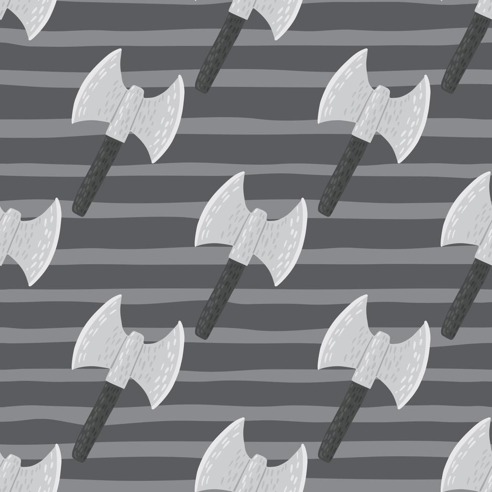 Norway history seamless pattern with viking hatchet doodle silhouettes. Old armor ornament and stripped background print in grey tones. vector