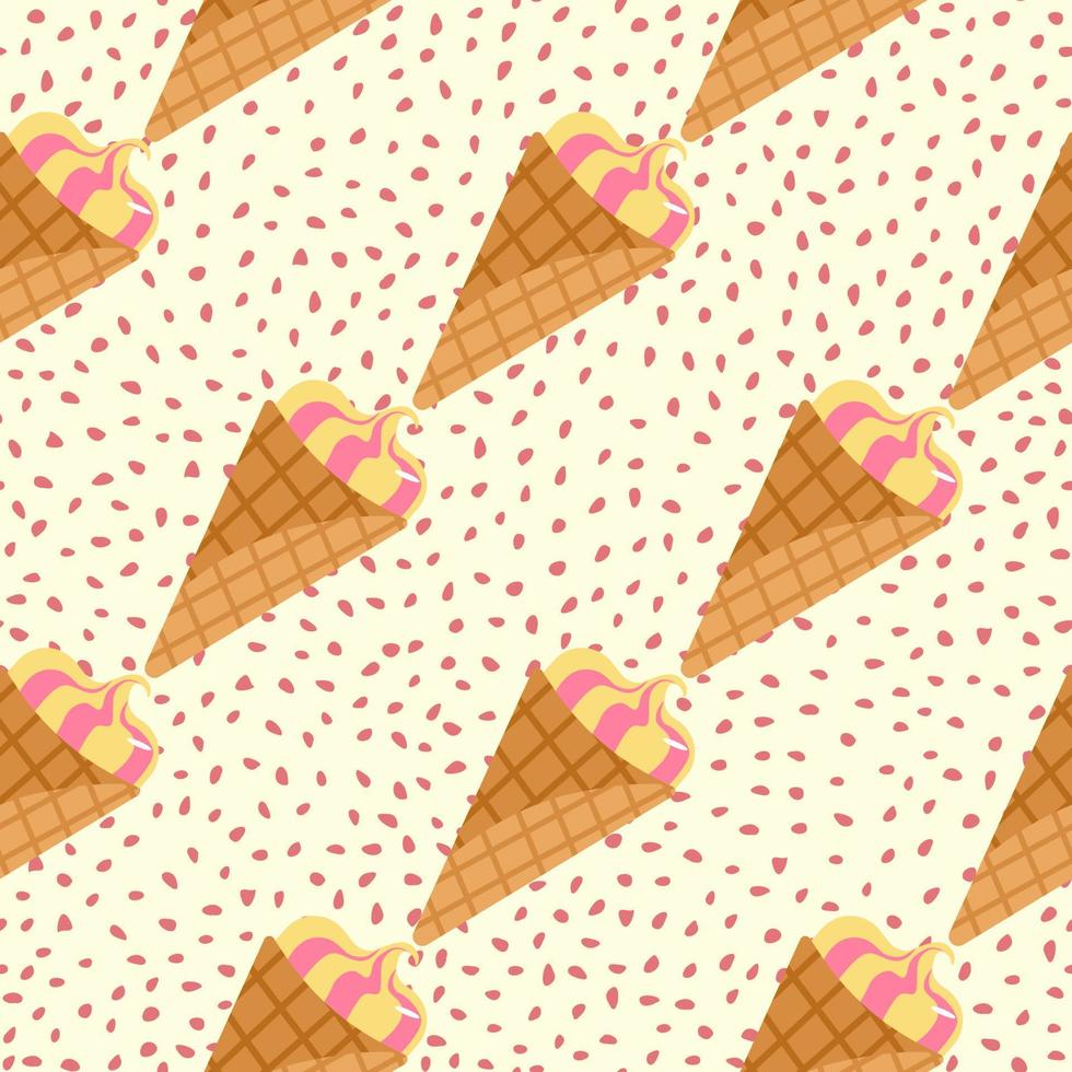 Creative seamless pattern with ice cream. Frozen cream in waffle cone on white background with dots. vector