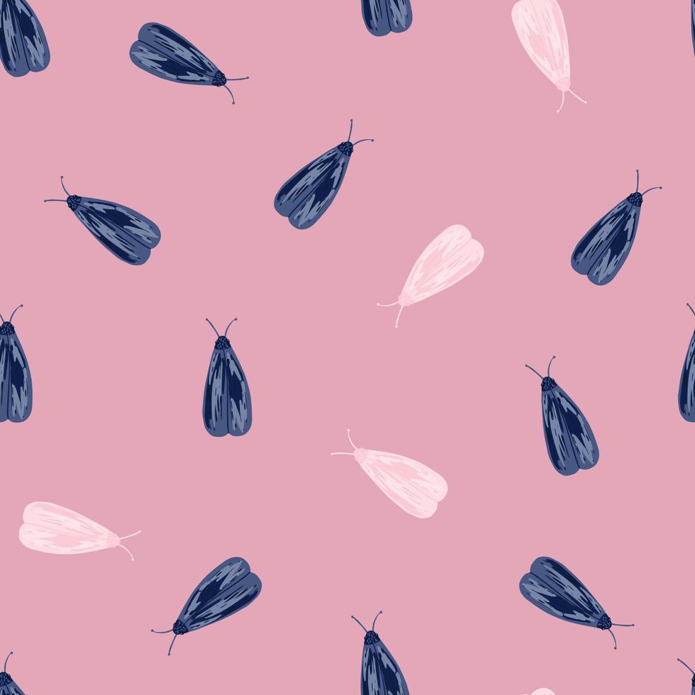 Random navy blue butterfly print seamless pattern. Doodle hand drawn insects on pink background. vector