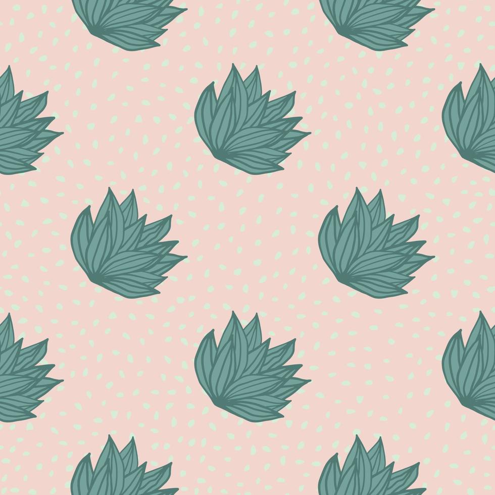 Simple seamless pattern with hand drawn bush leaves. Light pink background with dots and green outline foliage. vector
