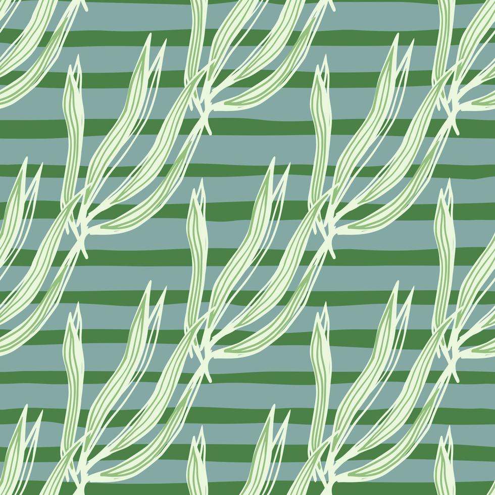 Green seaweeds seamless pattern on stripe background. Underwater foliage backdrop. vector