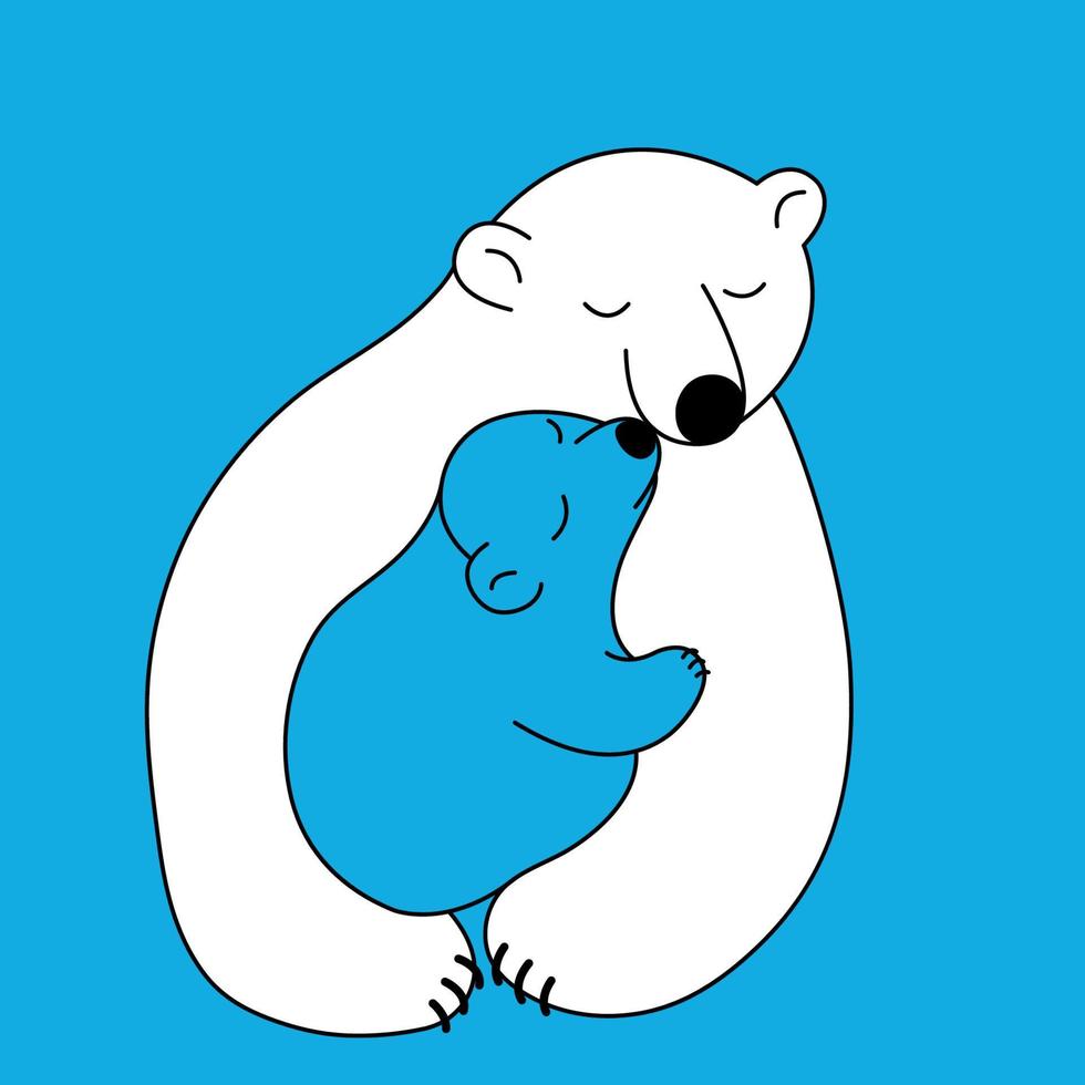 Hand-drawn polar bear hugs a little blue bear, black outline, vector isolated on blue background