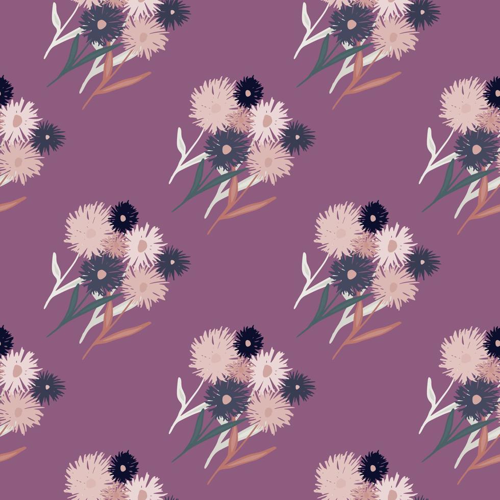 Random seamless pattern with dandelion silhouettes. Purple background with pink, white and navy blue botanic elements. vector