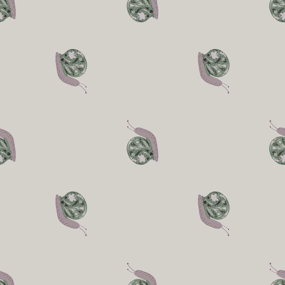 Minimalistic seamless creative fauna pattern with snail ornament. Cartoon animal shapes on grey background. vector