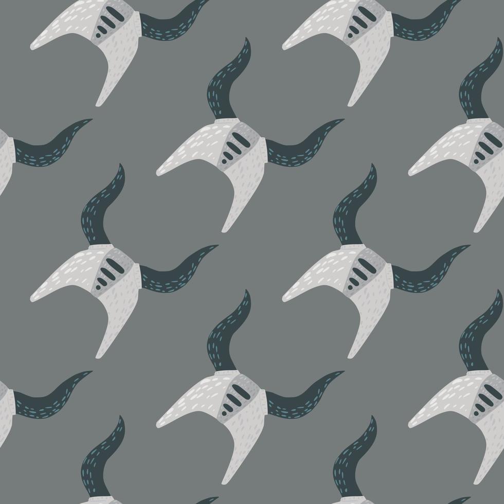 History seamless pattern with viking helmets light ornament. Grey background. Norwegian armor backdrop. vector
