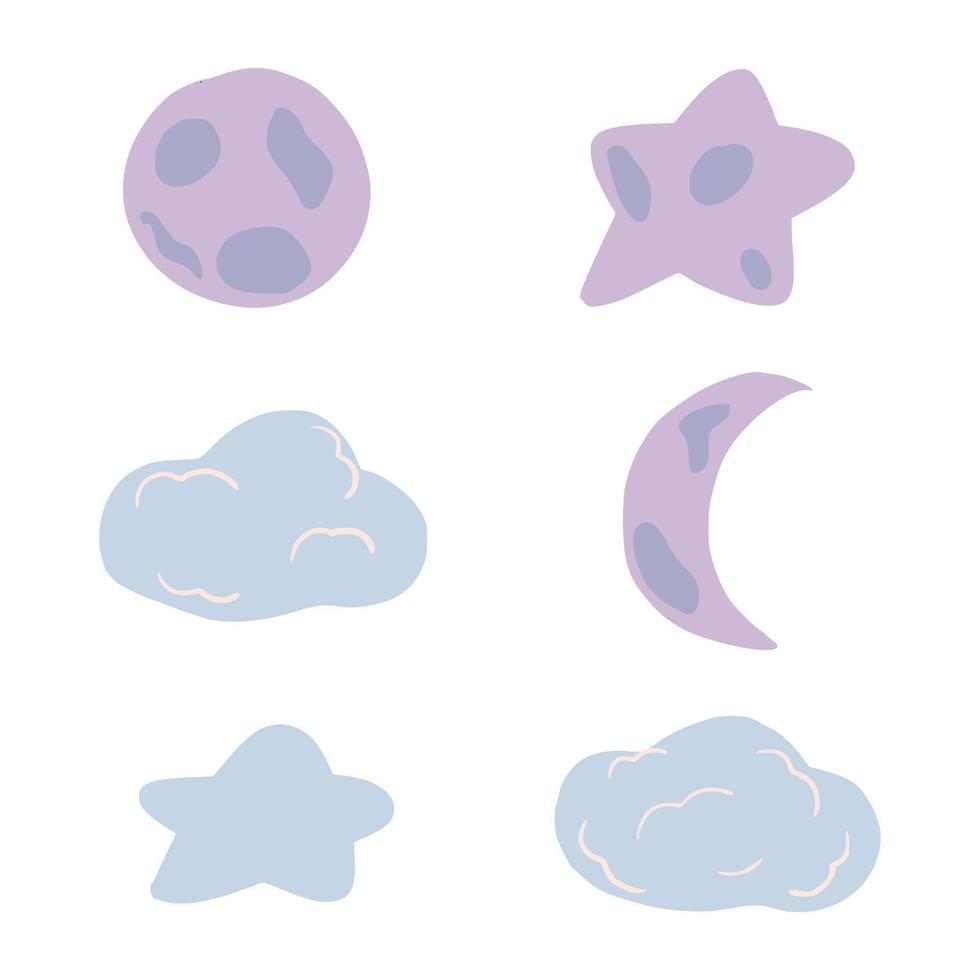 Set moon, star and cloud on white background. Cartoon space full moon, crescent, star and cloud in doodle. vector