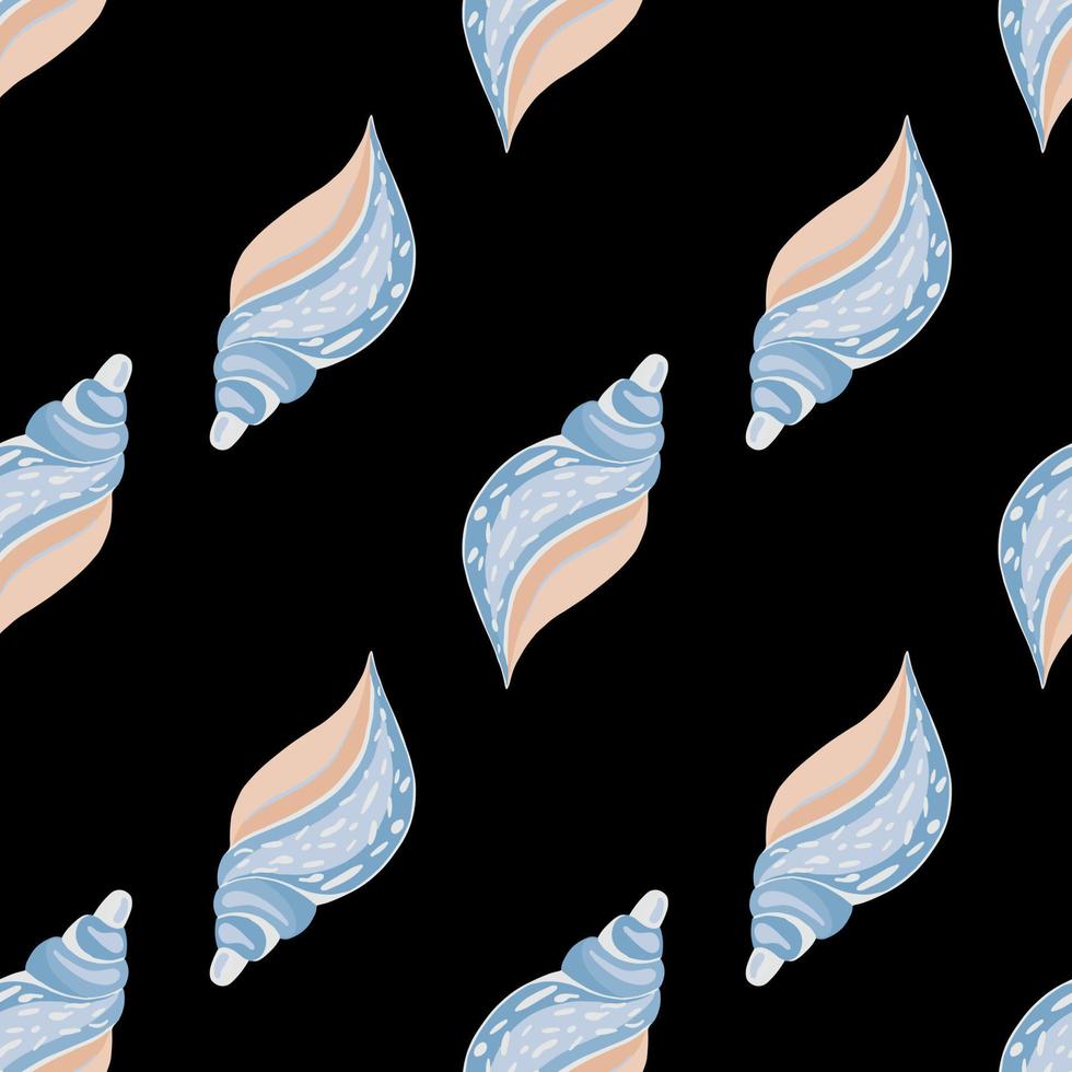 Doodle conchas marinas de patrones sin fisuras sobre fondo negro. Ilustración de vector de concha de mar abstracto.
