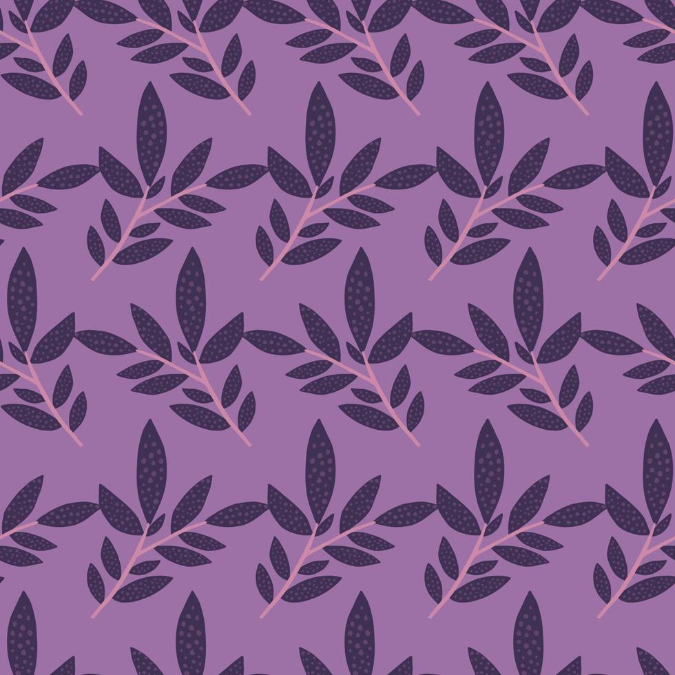 Hand drawn seamless pattern purple branches with leaves. Decorative foliage ornament backdrop. Leaf endless wallpaper. vector