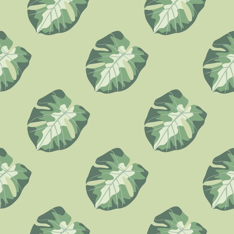 Minimalistic monstera leaf seamless pattern. Hand drawn pastel green tropical ornament on beige background. vector