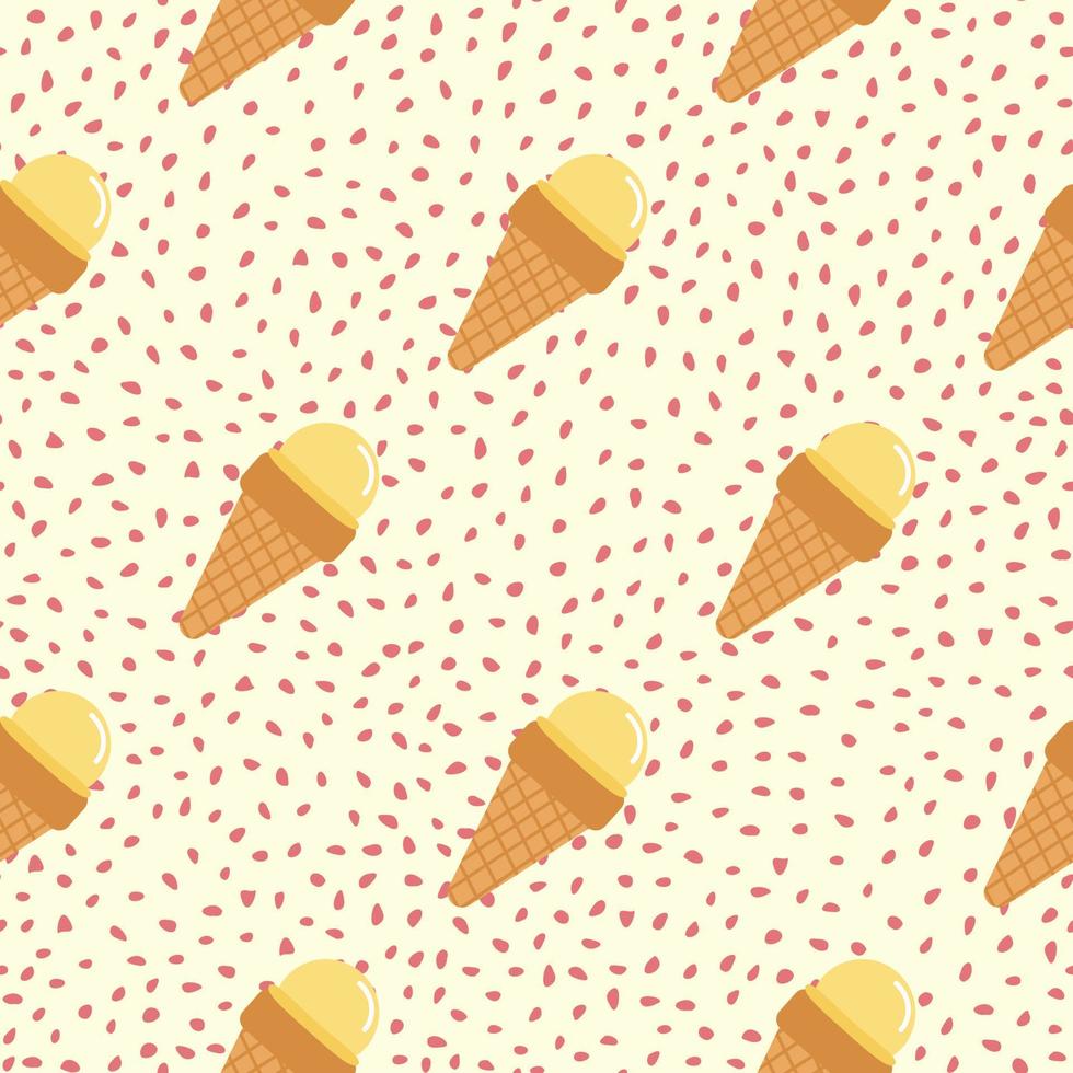 Food seamless pattern with yellow ice cream in waffle cone. White background with red dots. vector